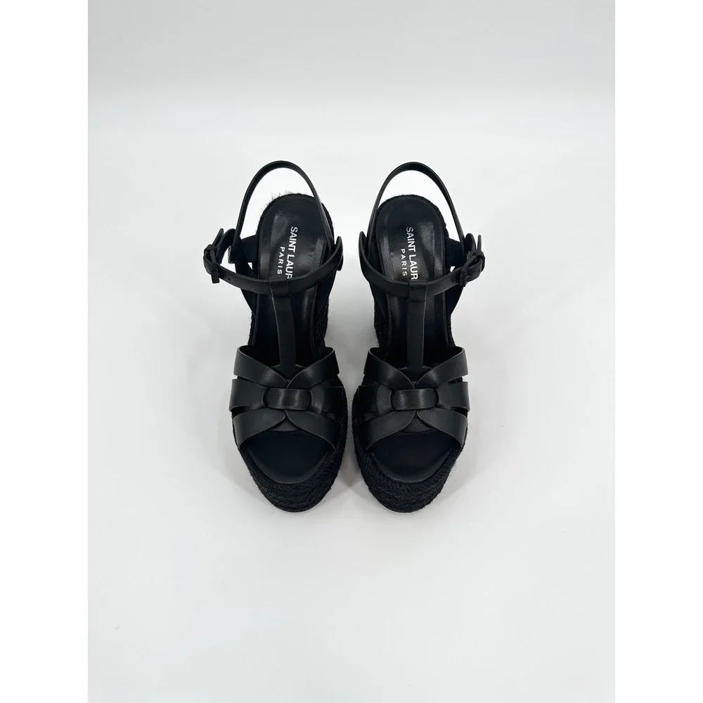 Saint Laurent Tribute Black Leather Espadrille Wedge Sandals Size 37
